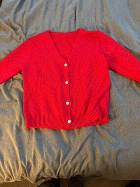 Red Knit Cardigan Sweater | Decorative Buttons | Cropped | Size S/M